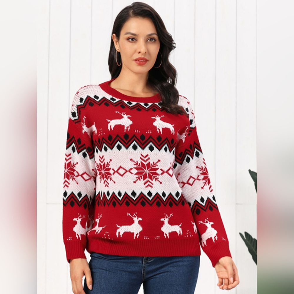 Snowflake Reindeer Fair Isle Knit Round Neck Classy Holiday Sweater Minimalist
